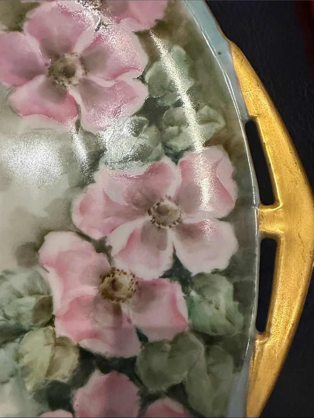 MZ Altrohlau Hand-Painted Pink Floral Serving Platter with Gold Handles